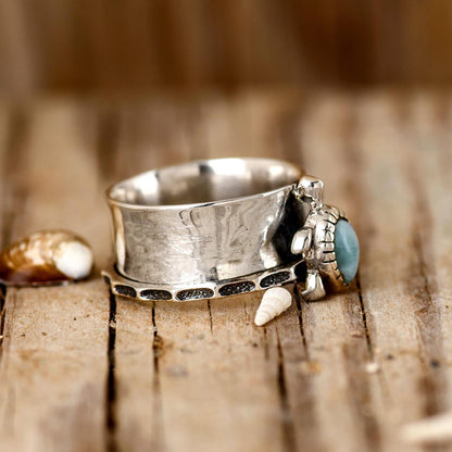 Elegant Turtle Larimar Silver Statement Fidget Ring