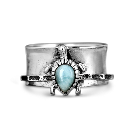 Elegant Turtle Larimar Silver Statement Fidget Ring