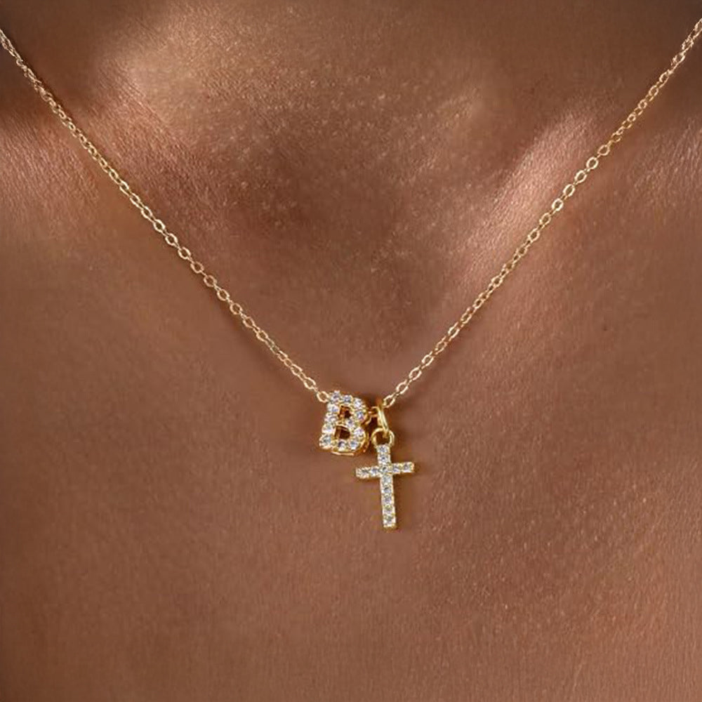 Dainty Diamond Initial & Cross Pendant Necklace