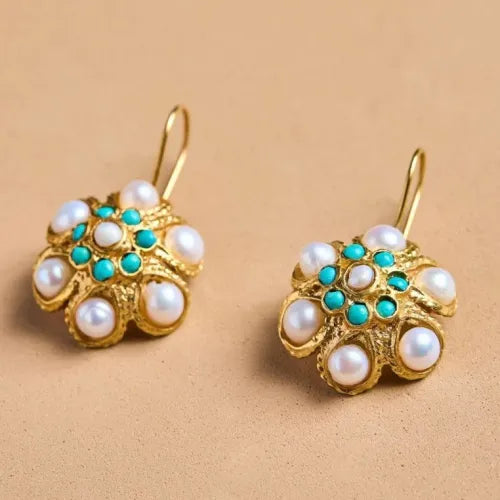 Classic Turquoise & Pearl Gold Plated Flower Earrings