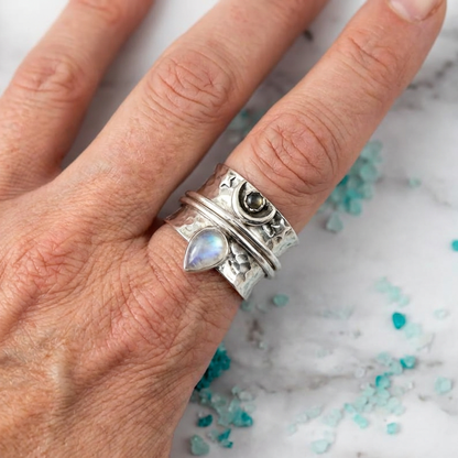 Elegant Moon Stone Star and Moon Wide Ring