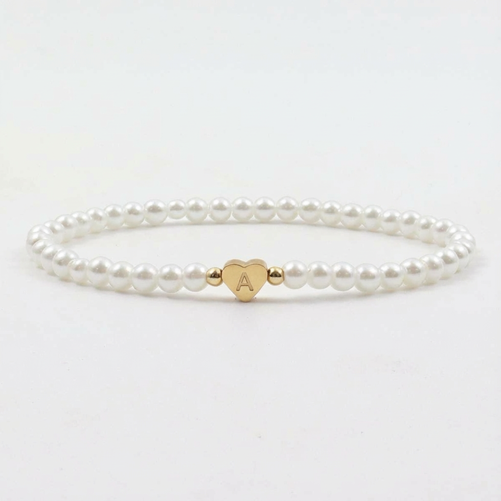 Personalized Pearl Bead Bracelet with Heart Initial Charm