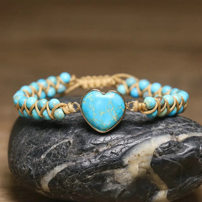Vintage Boho Beaded Turquoise Heart Charm Bracelet