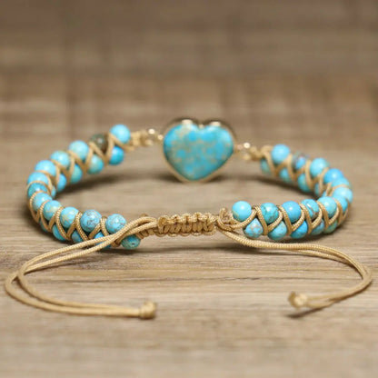 Vintage Boho Beaded Turquoise Heart Charm Bracelet