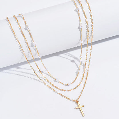 Triple Layer Pearl Cross Necklace