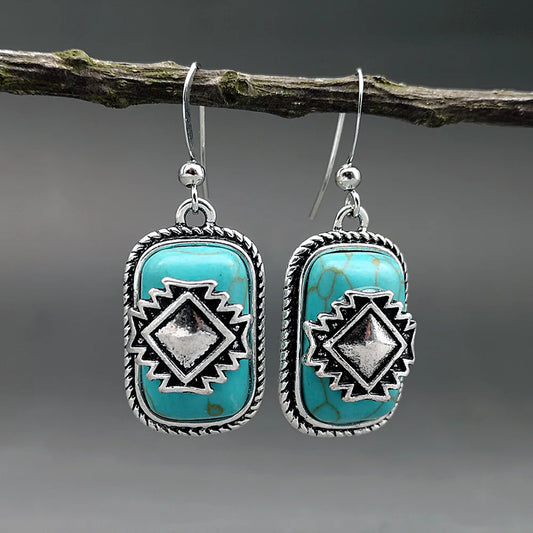 Bohemian Vintage Aztec Geometric Turquoise Drop Earrings
