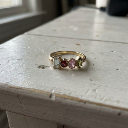 Vintage Multi Gemstone Gold Plated Floral Ring