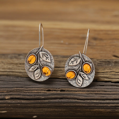 Vintage Nature Design Amber Leaf Disc Earrings