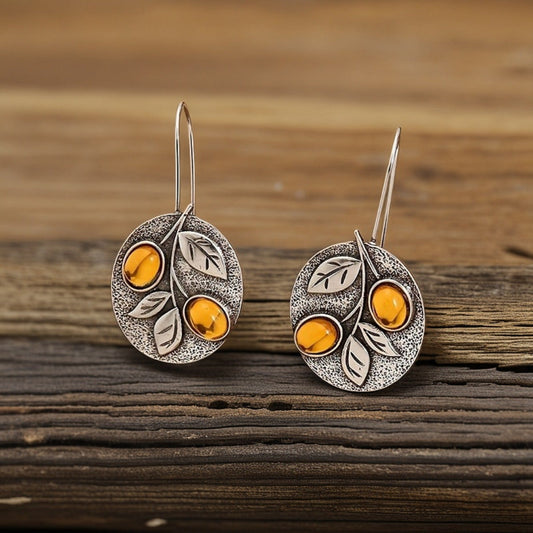 Vintage Nature Design Amber Leaf Disc Earrings