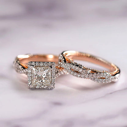 Elegant Three Piece Set Full Zircon Princess Cut Diamond Rings