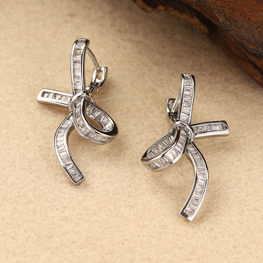 Elegant Baguette Diamond Ribbon Drop Earrings