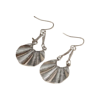 Bohemian Charming Textured Silver Fan Drop Earrings