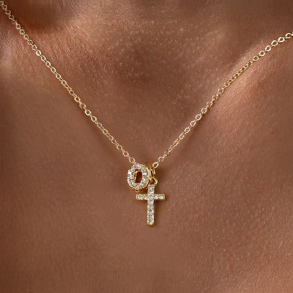 Dainty Diamond Initial & Cross Pendant Necklace