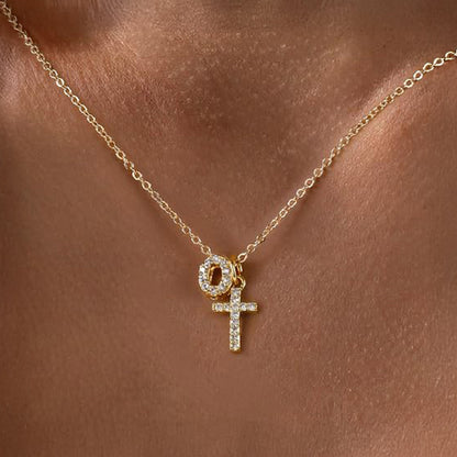 Dainty Diamond Initial & Cross Pendant Necklace