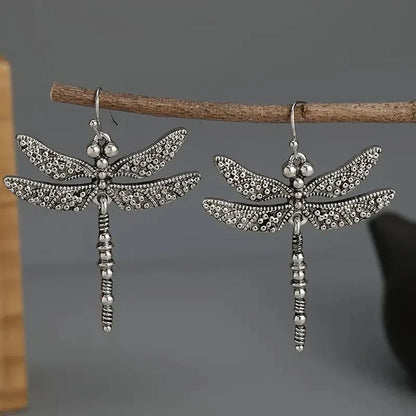 Silver Vintage Dragonfly Carved Pattern Retro Earrings