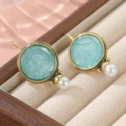 Aqua Carved Gem & Pearl Drop Earrings