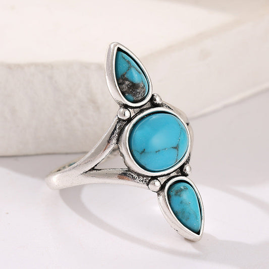 Bohemian Gold White Plated Drop Oval Turquoise Inlaid Ring