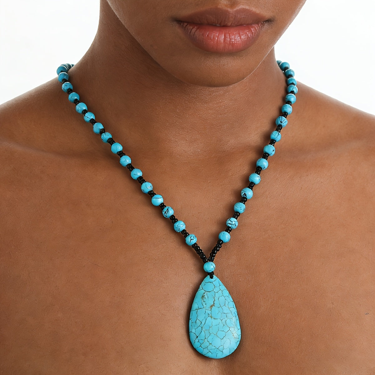 Bohemian Turquoise Beaded Large Teardrop Pendant Necklace