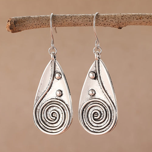Vintage Spiral Teardrop Primitive Sun Silver Plated Earrings