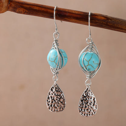 Elegant Retro Wire-Wrapped Turquoise Metal Pendant Earrings