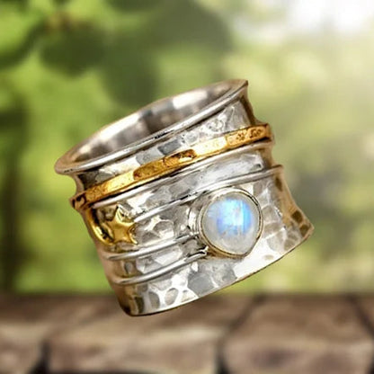 Star and Moon Moonstone Silver & Gold Artisan Ring