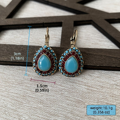 Vintage Turquoise Rhinestone Teardrop Resin Earrings