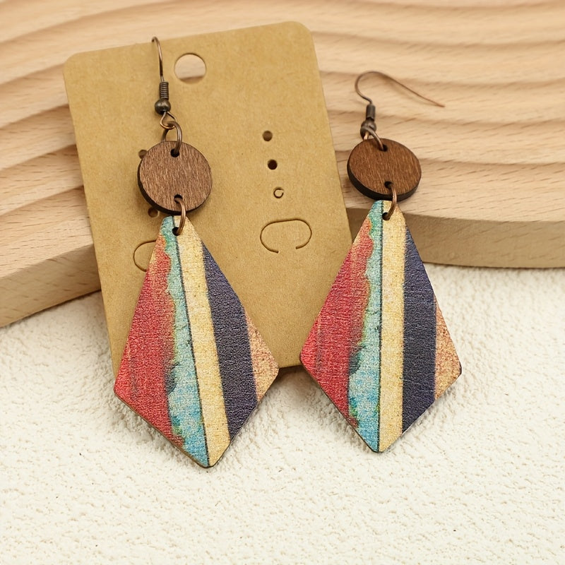 Bohemian Style Striped Wooden Inlay Drop Earrings