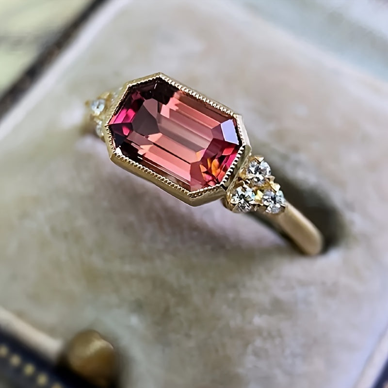 Vintage Geometric Red Zirconia Gold Plated Ring