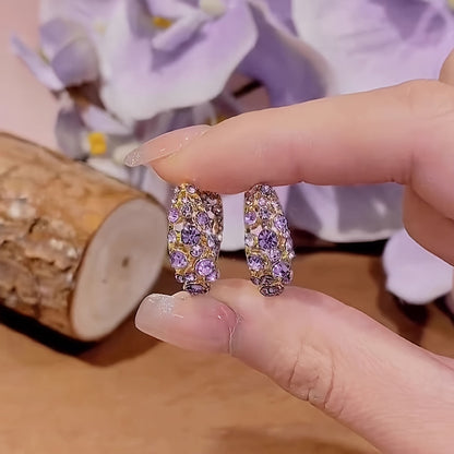 Elegant Purple Crystal Zirconia Gold Plated Hoop Earrings
