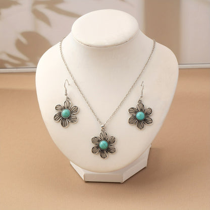 Vintage Turquoise Flower Silver Plated Necklace & Earring Set