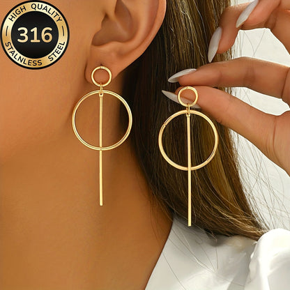 Modern Linear Style Gold Plated Circle Drop Earrings