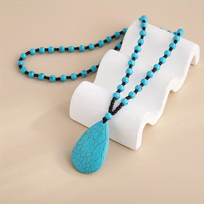 Bohemian Turquoise Beaded Large Teardrop Pendant Necklace