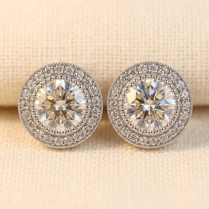 Round Cut Moissanite Halo Stud Earrings