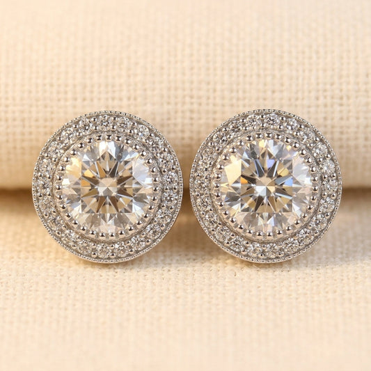 Round Cut Moissanite Halo Stud Earrings