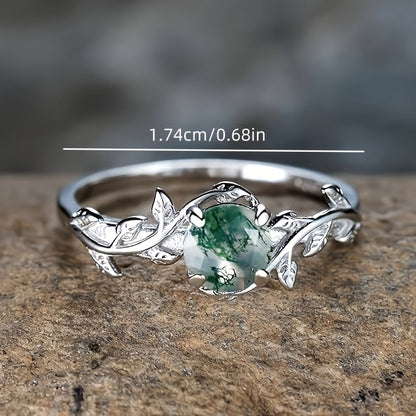 Vintage Silver Round Water Grass Moss Agate Leaf Ring