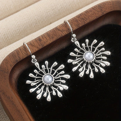 Elegant Bohemian Sunburst Pearl Drop Earrings