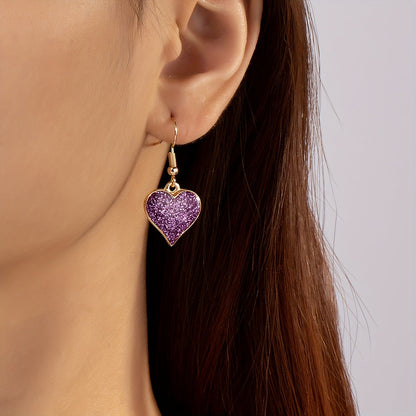Elegant Purple Glitter Heart Dangle Earrings