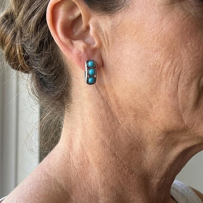 Vintage Silver Plated Turquoise Thick Hoop Earrings