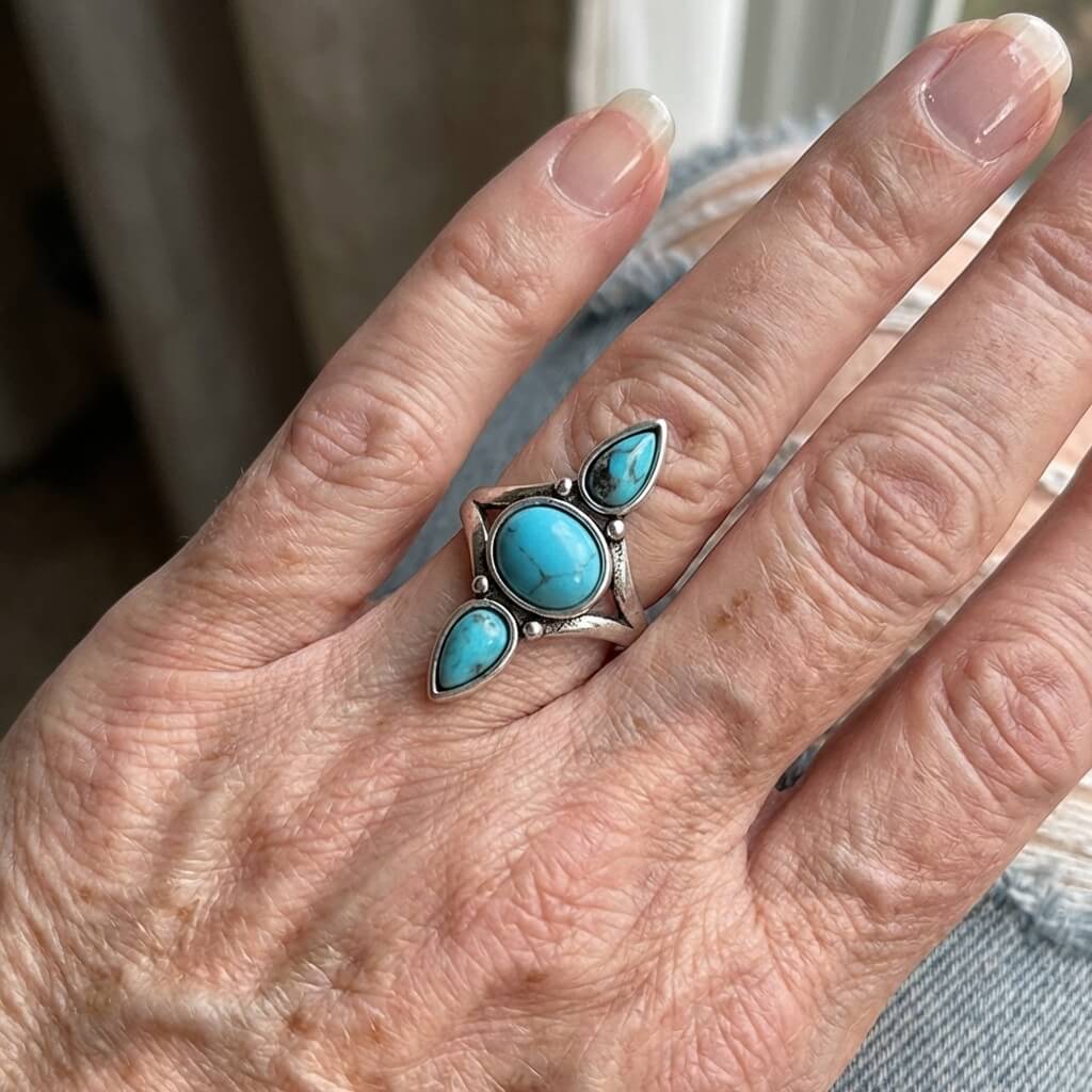 Bohemian Gold White Plated Drop Oval Turquoise Inlaid Ring