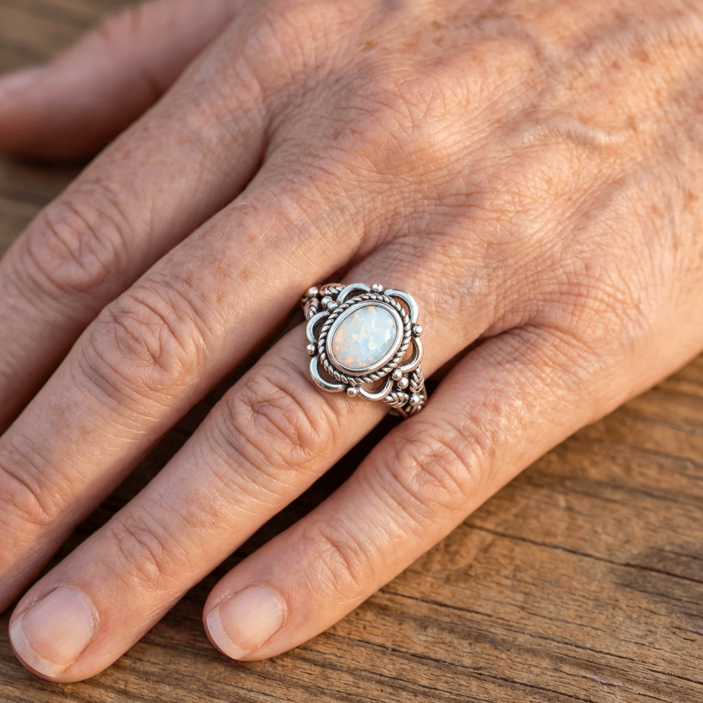 Elegant Vintage Silver Plated Opal Rhinestone Leaf Ring
