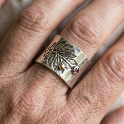 Bohemian Carved With Pinkish Zirconia Inlay Wide Ring