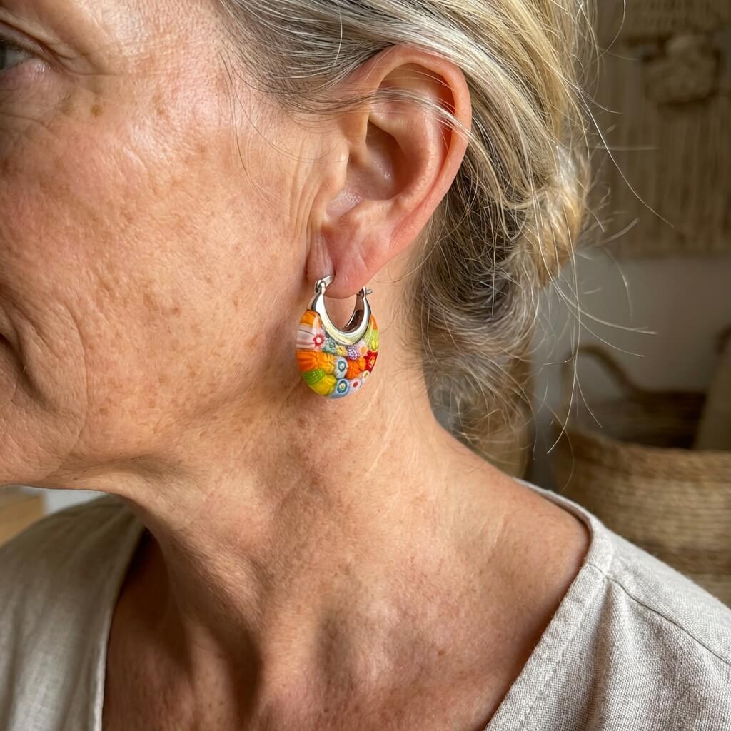 Vintage Vibrant Glass Floral Bead Dangle Earrings