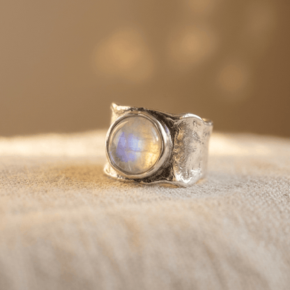 Moonstone Silver Wide Artisan Ring