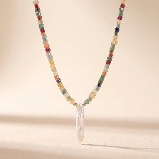 Colorful Natural Stone Square Beaded Necklace