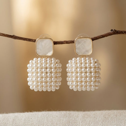 Art Deco Gold Pearl Square Drop Earrings