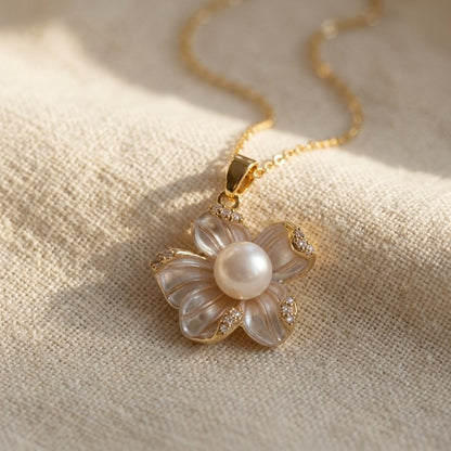 French Enamel Zirconia Flower Pendant Necklace
