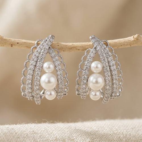 Elegant Pearl Zirconia C-Shaped Earrings