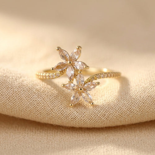 Sparkling Zirconia Flower Golden Ring