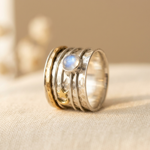 Star and Moon Moonstone Silver & Gold Artisan Ring