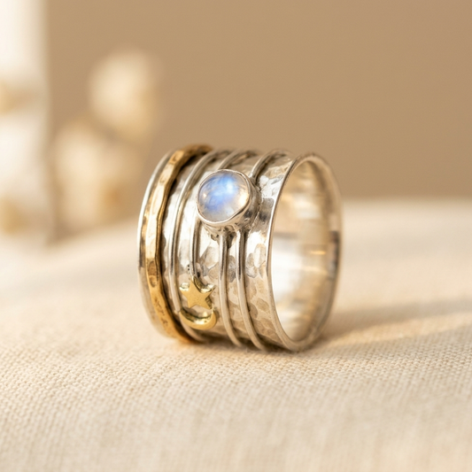 Star and Moon Moonstone Silver & Gold Artisan Ring